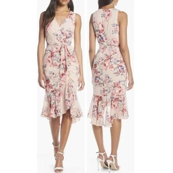 NWT Eliza J Floral Chiffon Faux Wrap Midi Dress Women's Pink Size 12 - Picture 1 of 6